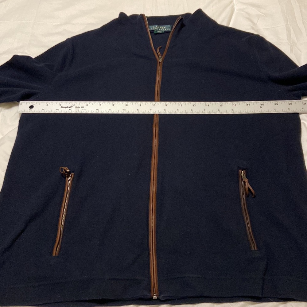 Ralph Lauren Navy Full Zip Up Mock Sweater, Navy/Brown Faux Trim Size M, EUC - Picture 7 of 13
